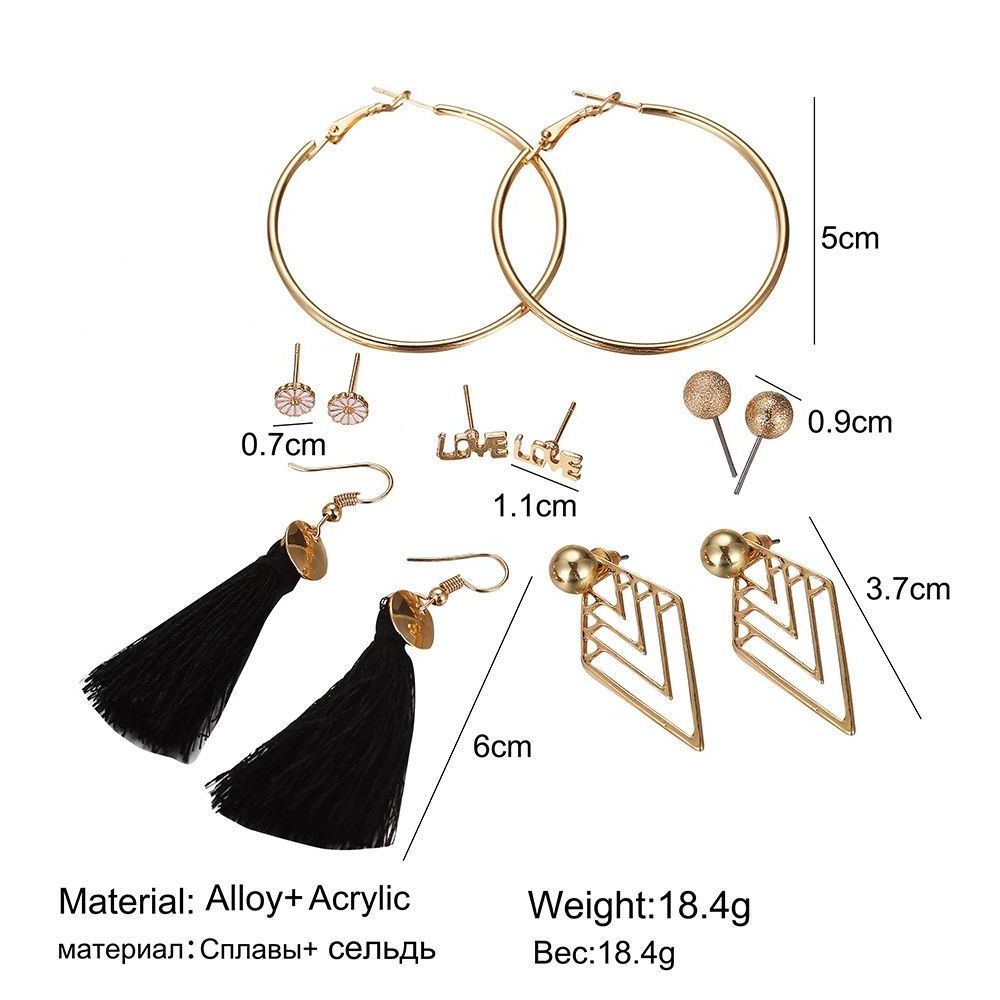 6 pairs Assorted Multiple Stud Hoop Dangle Earrings Set Women Girls Love Ball Flower Bohemian Long Tassel Drop Earrings Pack