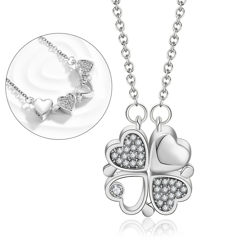 Hot Selling Heart Shape Four-Leaf Clover Necklace Stainless Steel Two Ways Wear Creative Clover Necklace for Women