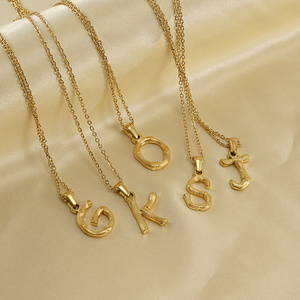 2023 Hip-hop Texture Bamboo Letter Necklace Stainless Steel Plated 18k Gold Mini 26 Letter Initial Necklace For women