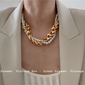 Chunky Choker Necklaces Exaggerated Gold Multilayer Pearl Cuban Chain Necklace Triple Layered Twisted Beaded Pearl Necklace