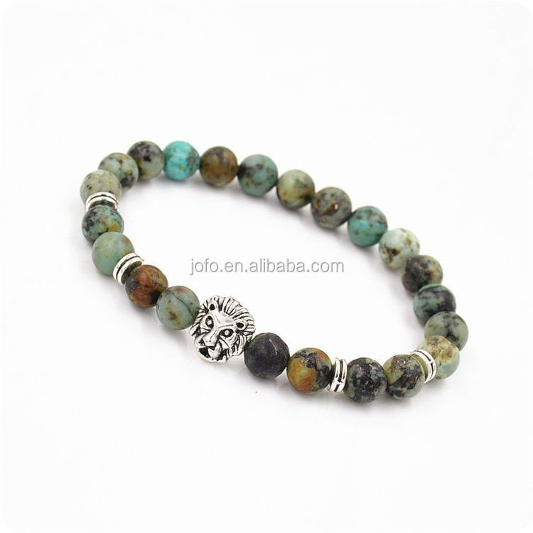 Fashion Hot Sell Silver Lion Head Charm Bracelets 8mm AFRICAN TURQUOISE Round Gemstone Bead Bracelets