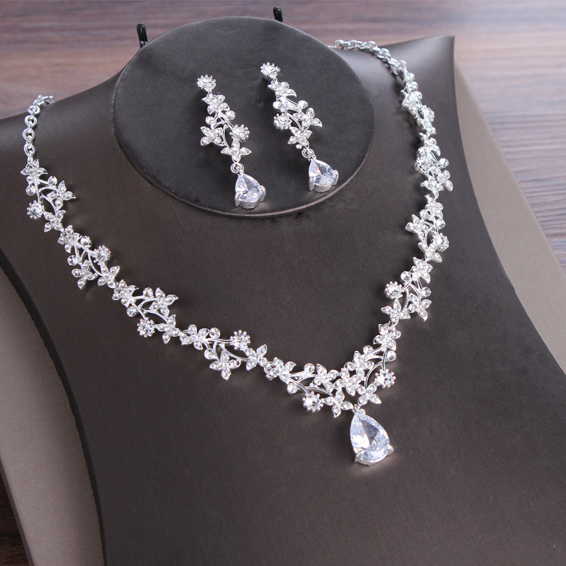 Europe Hot Selling Micro Zircon CZ Bride Jewelry Set Fashion Flower Shape Rhinestone Necklace Wedding Jewelry Set