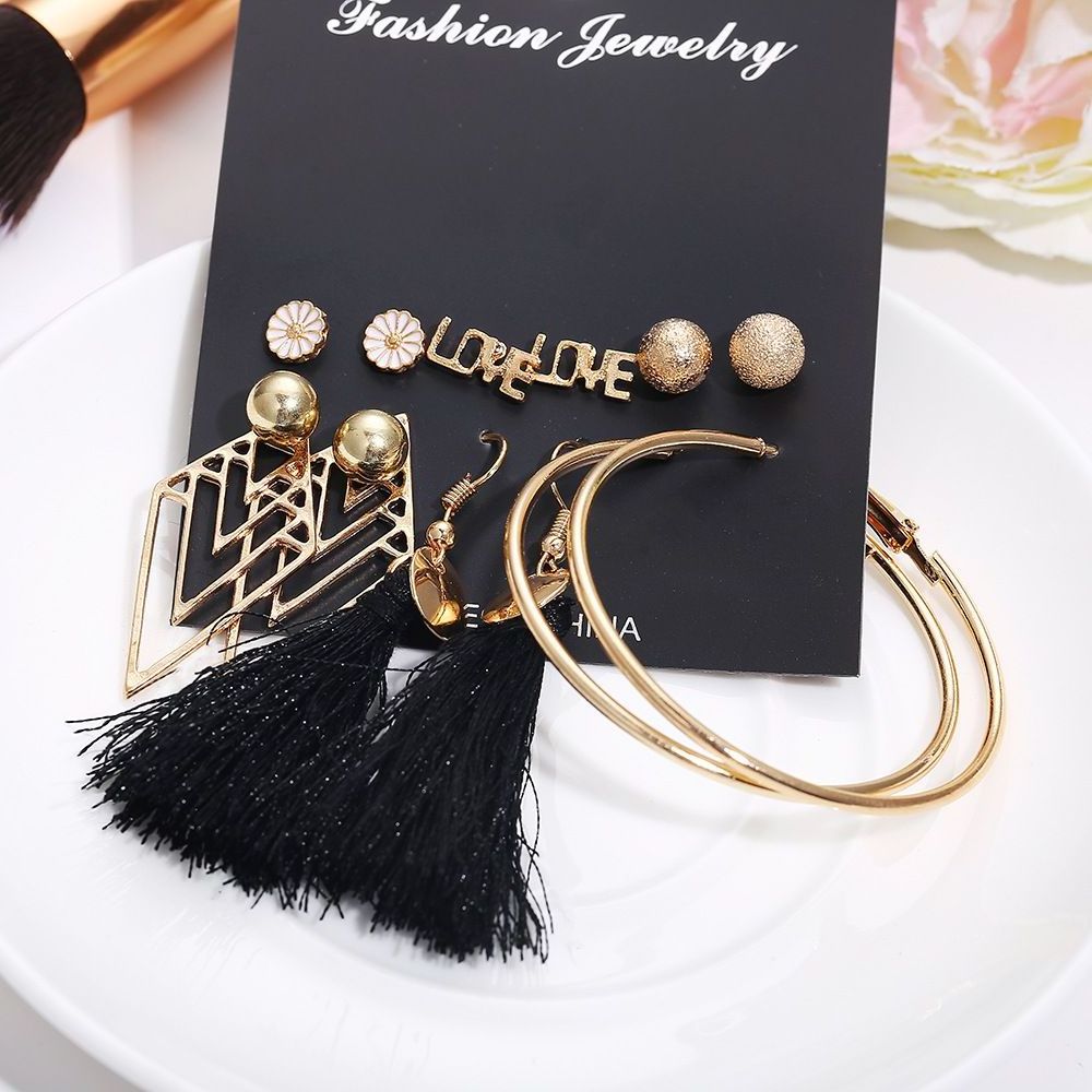 6 pairs Assorted Multiple Stud Hoop Dangle Earrings Set Women Girls Love Ball Flower Bohemian Long Tassel Drop Earrings Pack