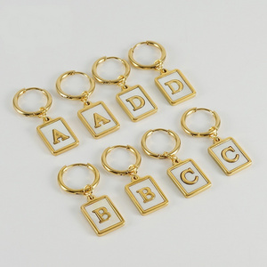 High Polished Hoop Earrings Gold Plated Stainless Steel Drop Initial Earrings White Shell 26 Letters Earrings For women