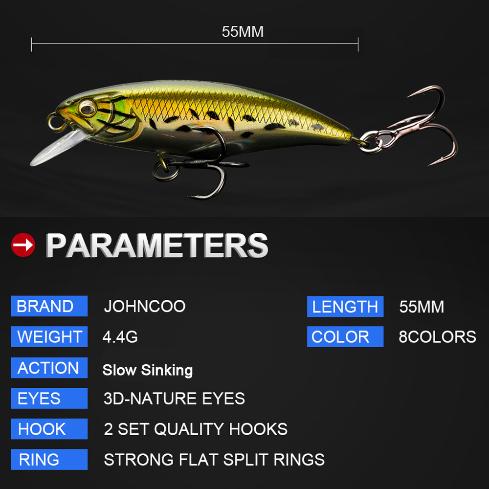 JOHNCOO 55mm 4.4g Minnow Hard Lures Sea Bass 2020 Slow Sinking Wobblers Fishing Lure Bait Artificial Bait