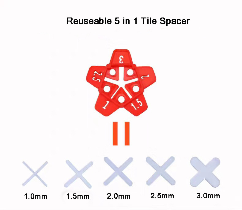 Plastic Reusable Tile Spacer 1mm 1.5mm 2mm 2.5mm 3mm 5 in 1 TT-81199500 500 Bags Pentagon Red