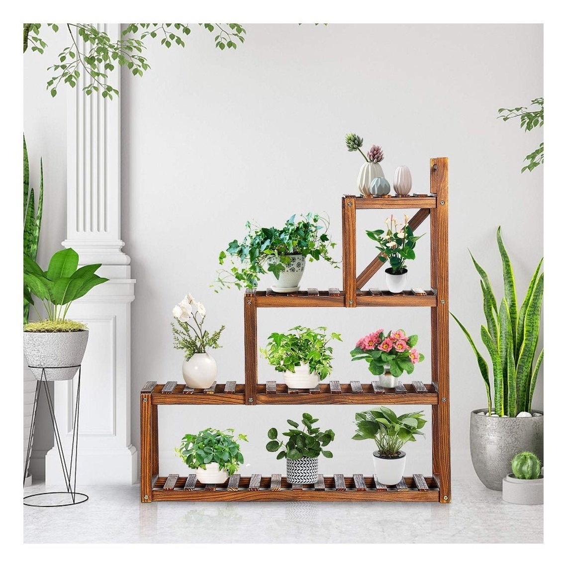 3 Tier Bamboo Wood Shelf Wooden Shelves Tall Shelving Display Organizer Rack Storage Plant Pot Holder Plants Pots Garden Succule