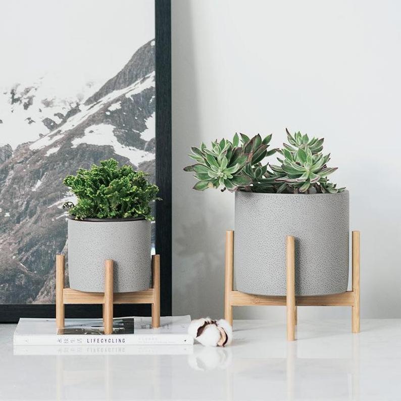 Cement Succulent Planter pot, Modern Concrete decor, Minimalist Indoor Flower Pot with wood rack