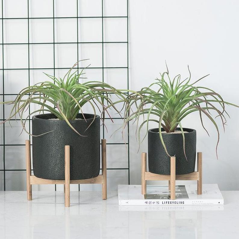 Cement Succulent Planter pot, Modern Concrete decor, Minimalist Indoor Flower Pot with wood rack