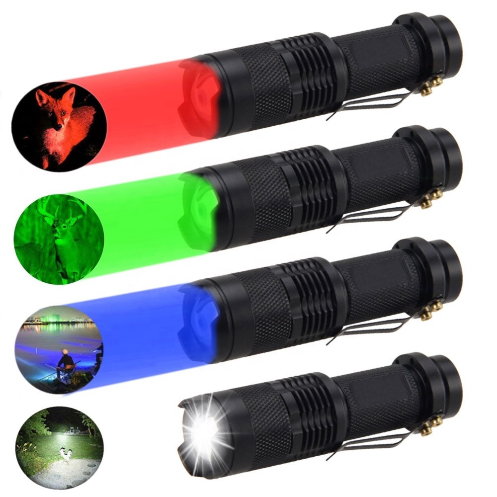 Johold Mini flashlight Red white green blue telescopic zoom LED focus portable tactical small flashlight