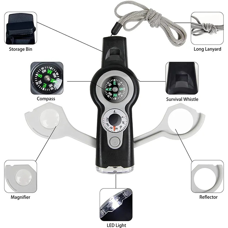 7 in 1 Survival Whistle with Camping Thermometer LED Light Magnifier Tools  Multi function Whistle