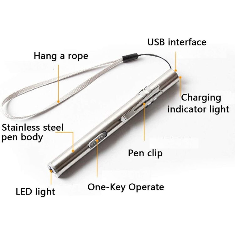 Rechargeable USB mini pen flashlight custom logo stainless steel medical flashlight for doctor nurse working