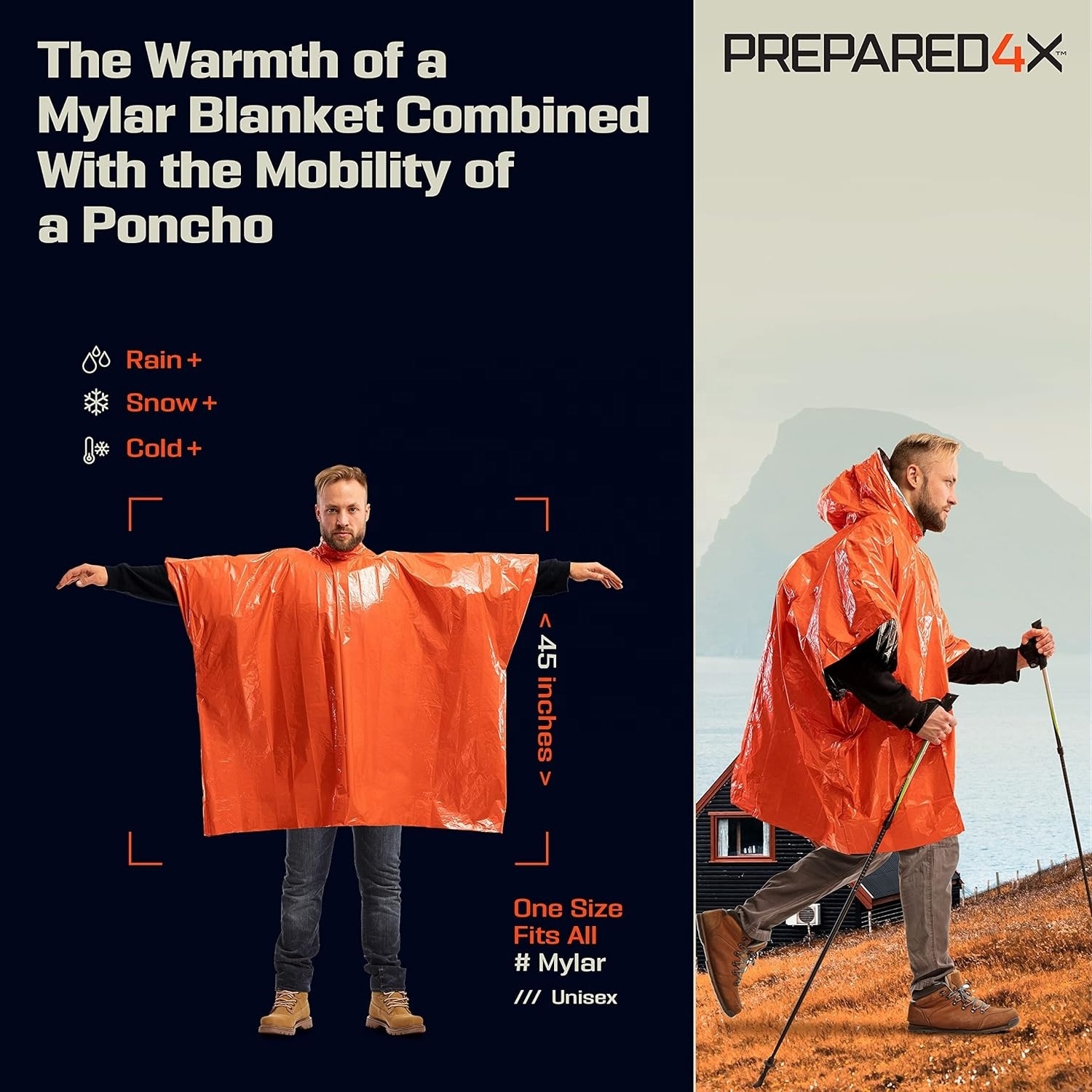 Johold Orange Emergency Raincoat Include Stuff Sack with Survival Whistle for Camping Or Hiking