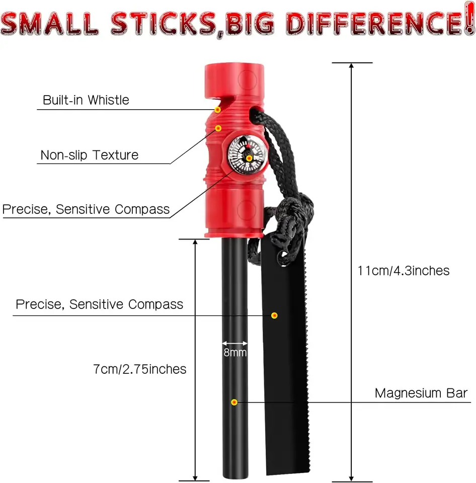 Firesteel Camp Fire Starter With Compass Outdoor Fire Starter Flint Lighter With Whistle