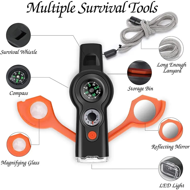 7 in1 Emergency Survival Whistle Outdoor Multifunctional Tool Safety Whistle with Lanyard Ideal for Hiking Camping Signaling