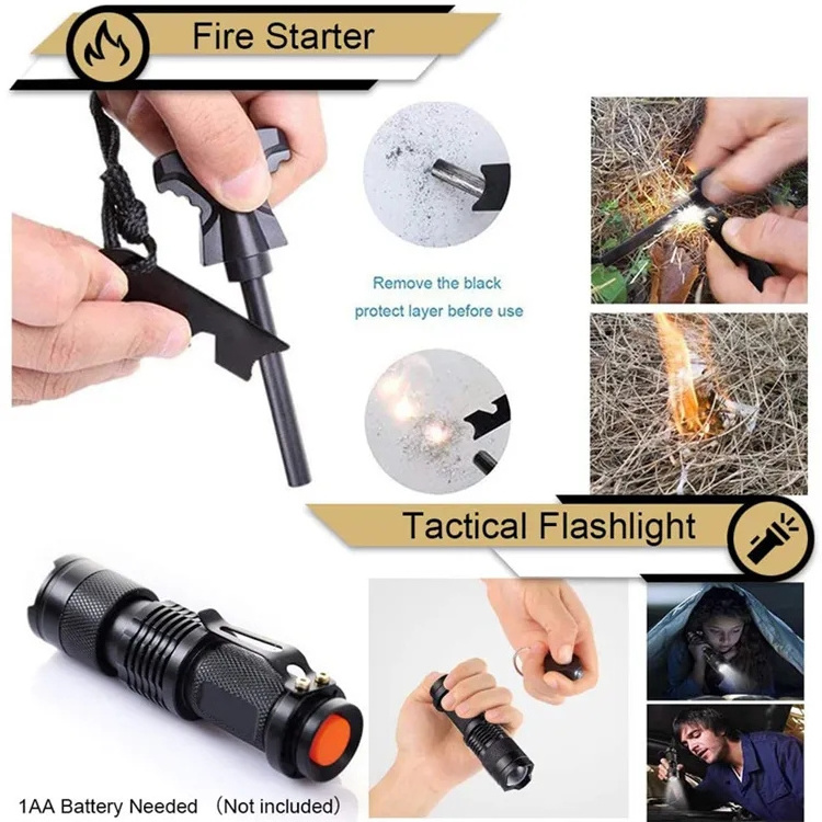 Professional 13pcs Wilderness Travel Camping Mini Multi-functional Emergency Survival Kit with Flashlight Fire Starter Compass