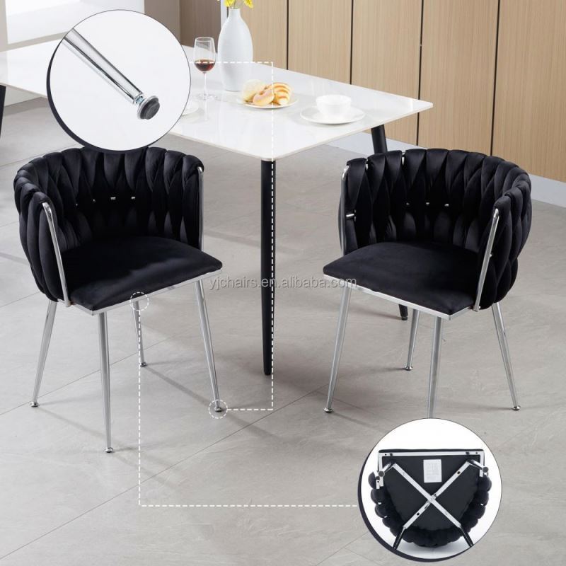 Black Velvet Dining Set of 4 Modern Upholstered Accent Chair with Woven Backrest and Silver Metal Legs Leisure Armchair