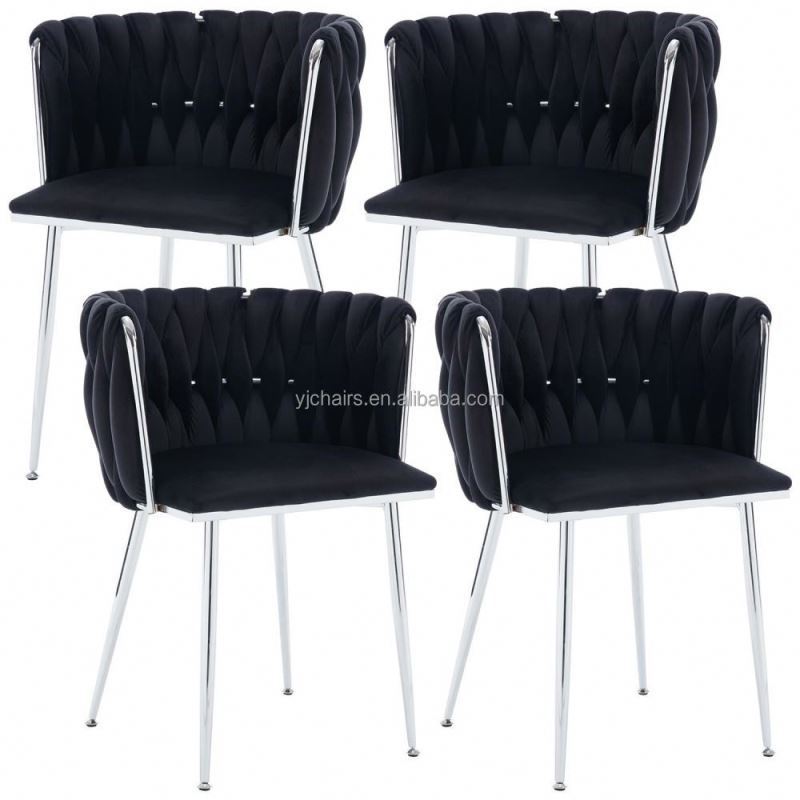 Black Velvet Dining Set of 4 Modern Upholstered Accent Chair with Woven Backrest and Silver Metal Legs Leisure Armchair