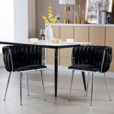 Black Velvet Dining Set of 4 Modern Upholstered Accent Chair with Woven Backrest and Silver Metal Legs Leisure Armchair