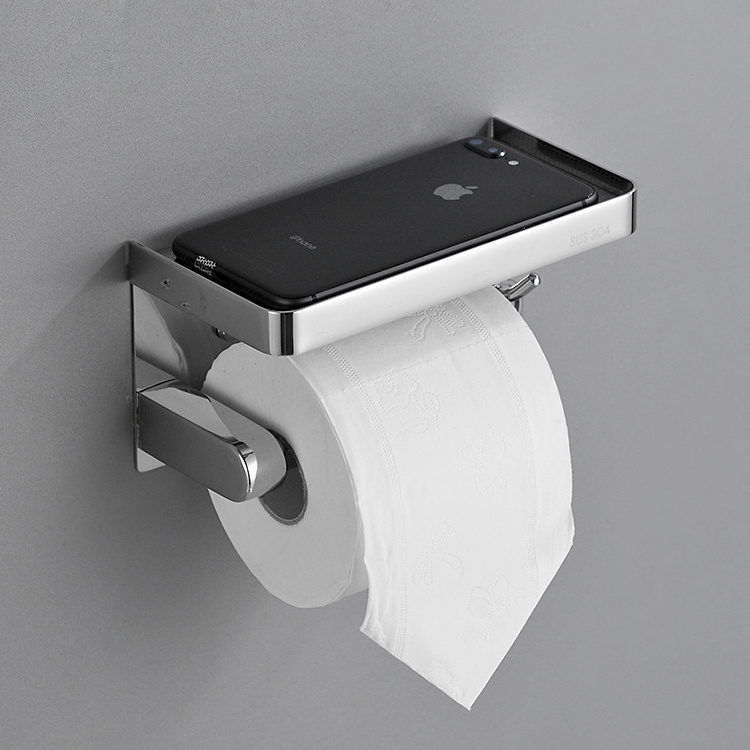 SUS304 stainless steel modern wall mount bathroom toilet tissue paper roll holder with mobile phone shelf