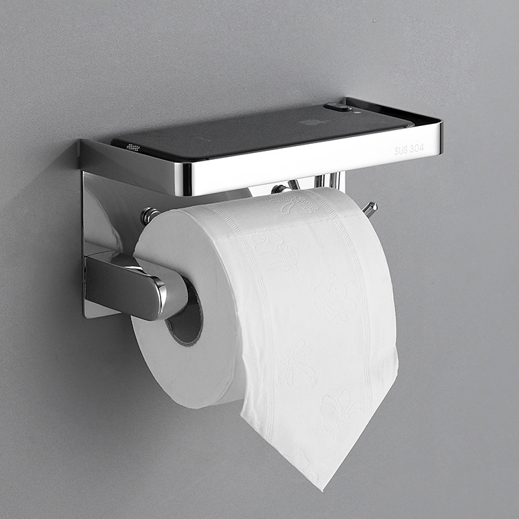 SUS304 stainless steel modern wall mount bathroom toilet tissue paper roll holder with mobile phone shelf