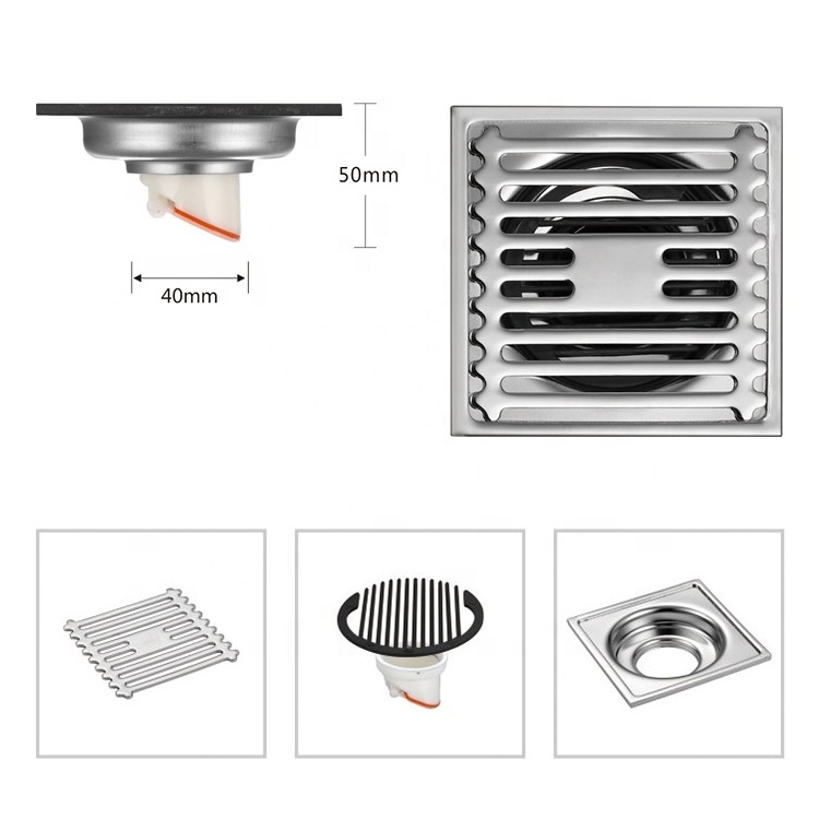 Luxury 10*10 bathroom toilet odorless strainer grate 4 inch SUS304 stainless steel square water shower drain black floor drain