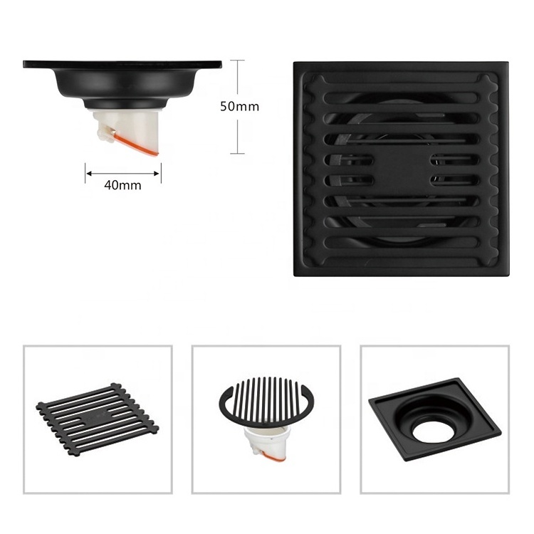 Luxury 10*10 bathroom toilet odorless strainer grate 4 inch SUS304 stainless steel square water shower drain black floor drain