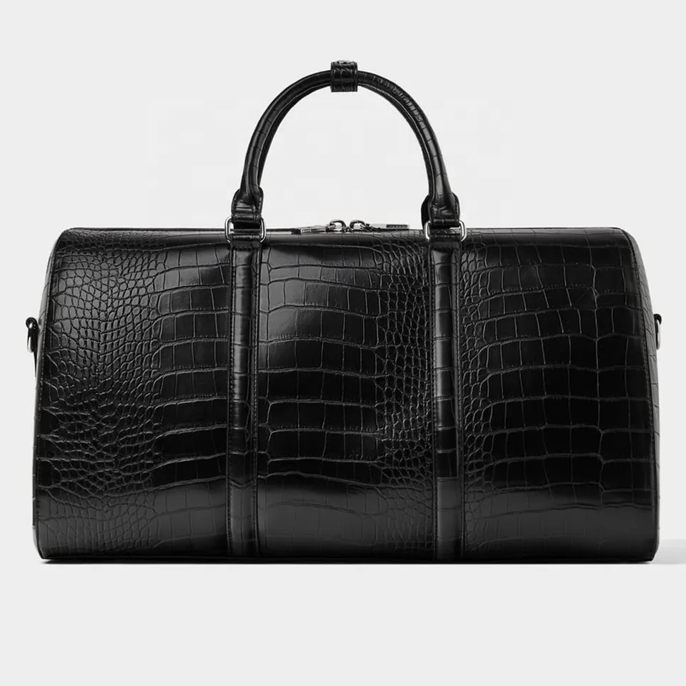 Customize Croc Duffle Bag, Designer Logo Crocodile Leather Black Mens Outdoor Travel Duffel Weekender Overnight Bag/