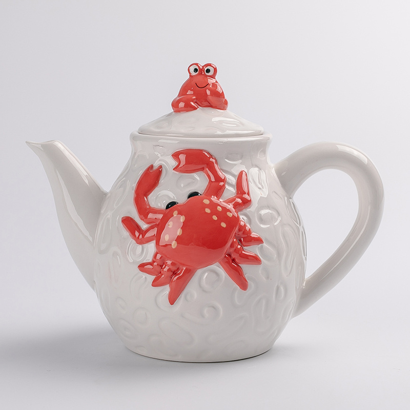 Red Crab Shape Ceramic Tea Coffee Pot, Hand made Embossed, Custom accept