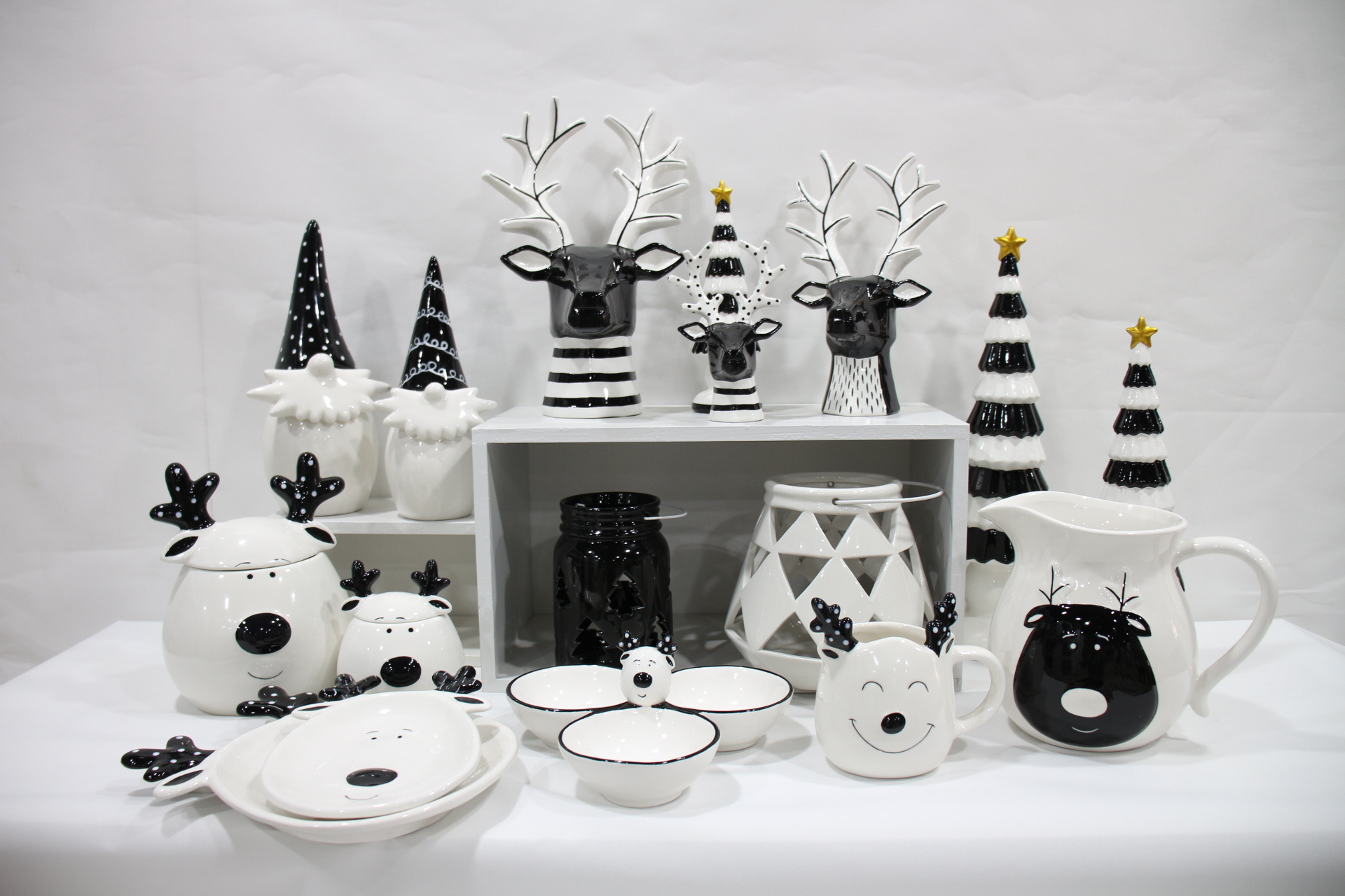 Christmas Decoration set: White house with light Angel figurines, Ceramic Christmas Tree, White black reindeer