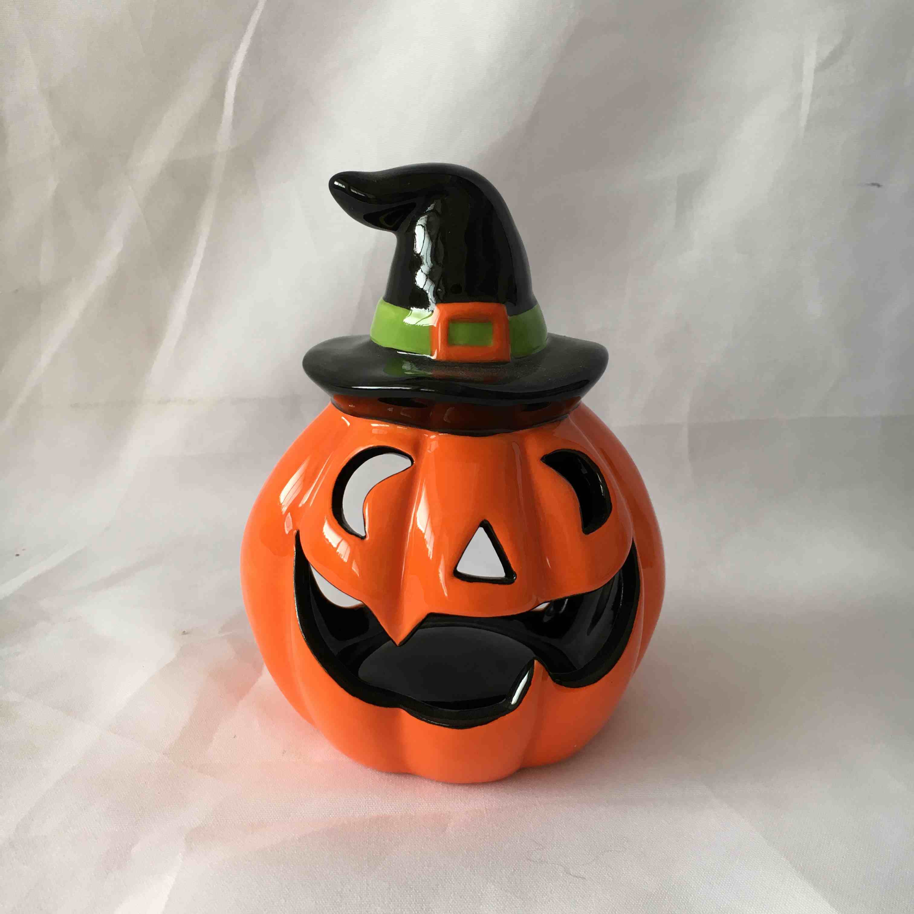 Halloween Ceramic Pumpkin W/Witch Hat Jack-O-Lantern Tea Light Candle Holder