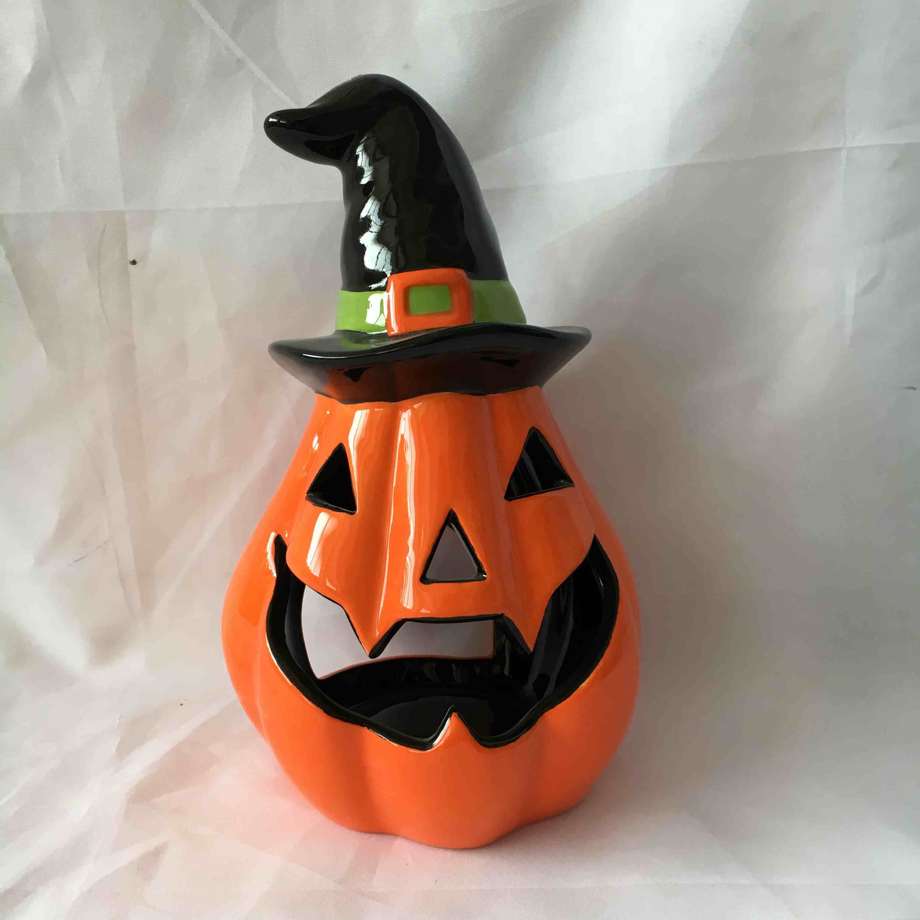 Halloween Ceramic Pumpkin W/Witch Hat Jack-O-Lantern Tea Light Candle Holder