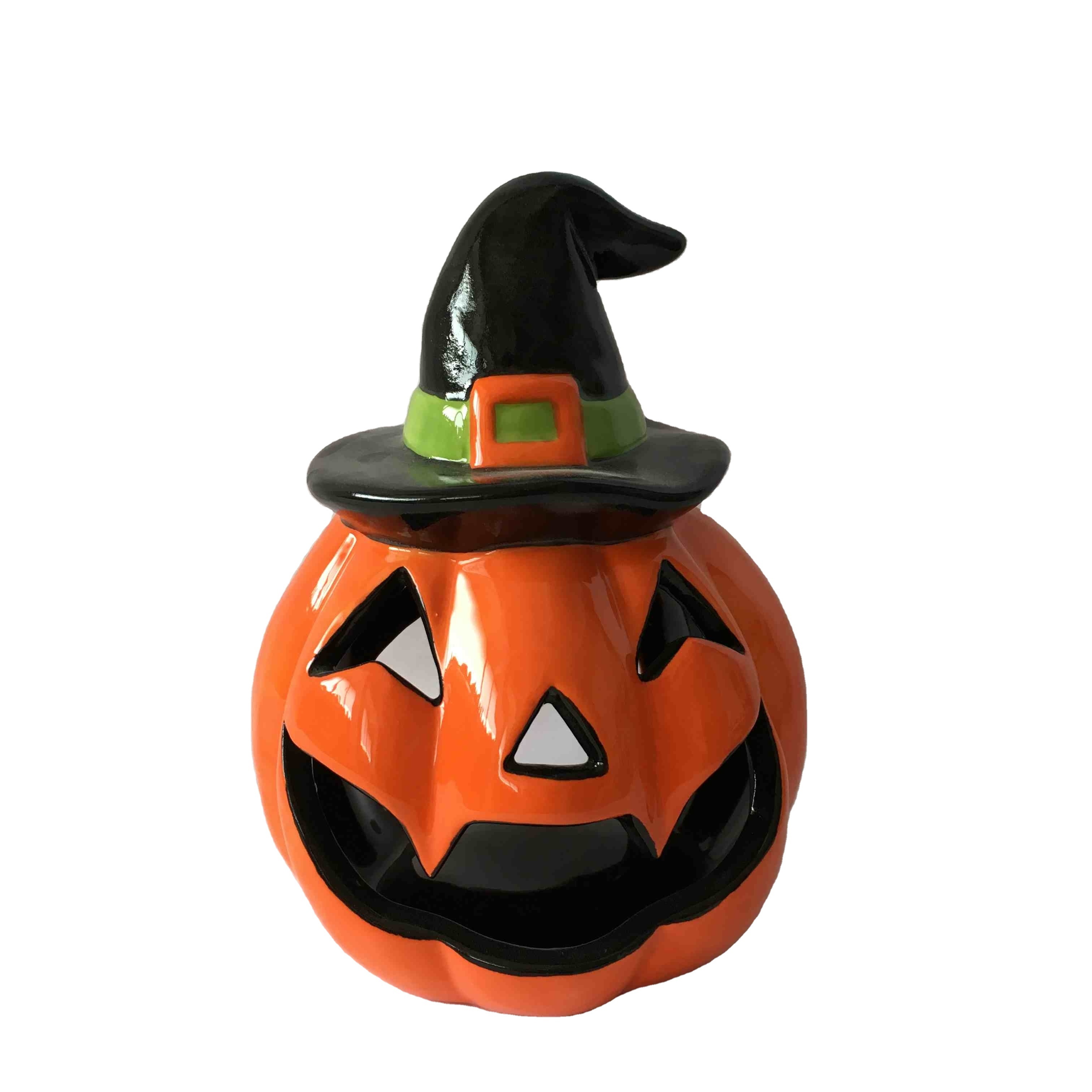 Halloween Ceramic Pumpkin W/Witch Hat Jack-O-Lantern Tea Light Candle Holder