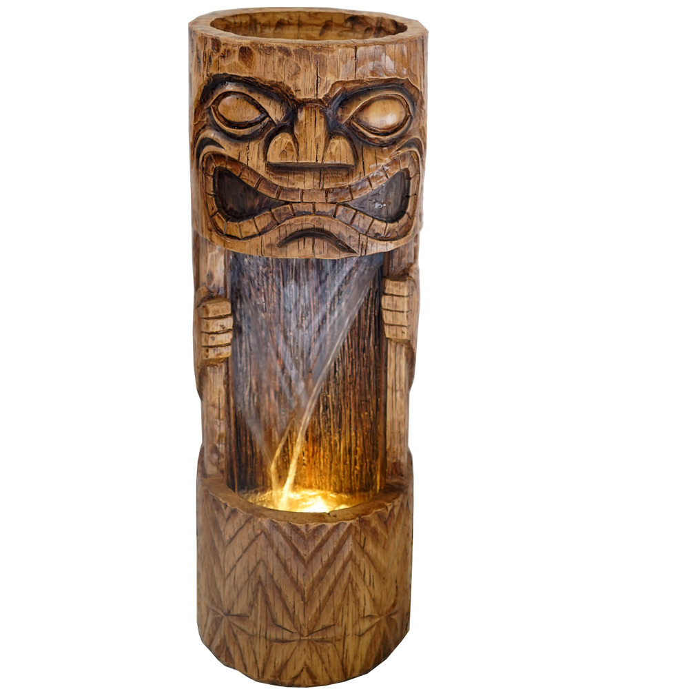 Resin Brown Tiki Wood Indoor Water Fountain with Led Light; Water Feature Indoor Tiki Fountain 23*23*63CM