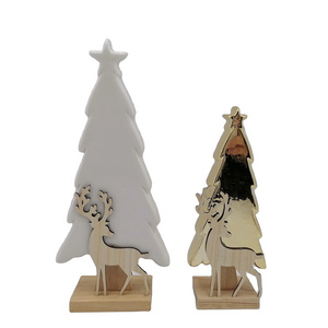 White and Gold color Ceramic Christmas Tree With Wooden Stand & A Wood reindeer