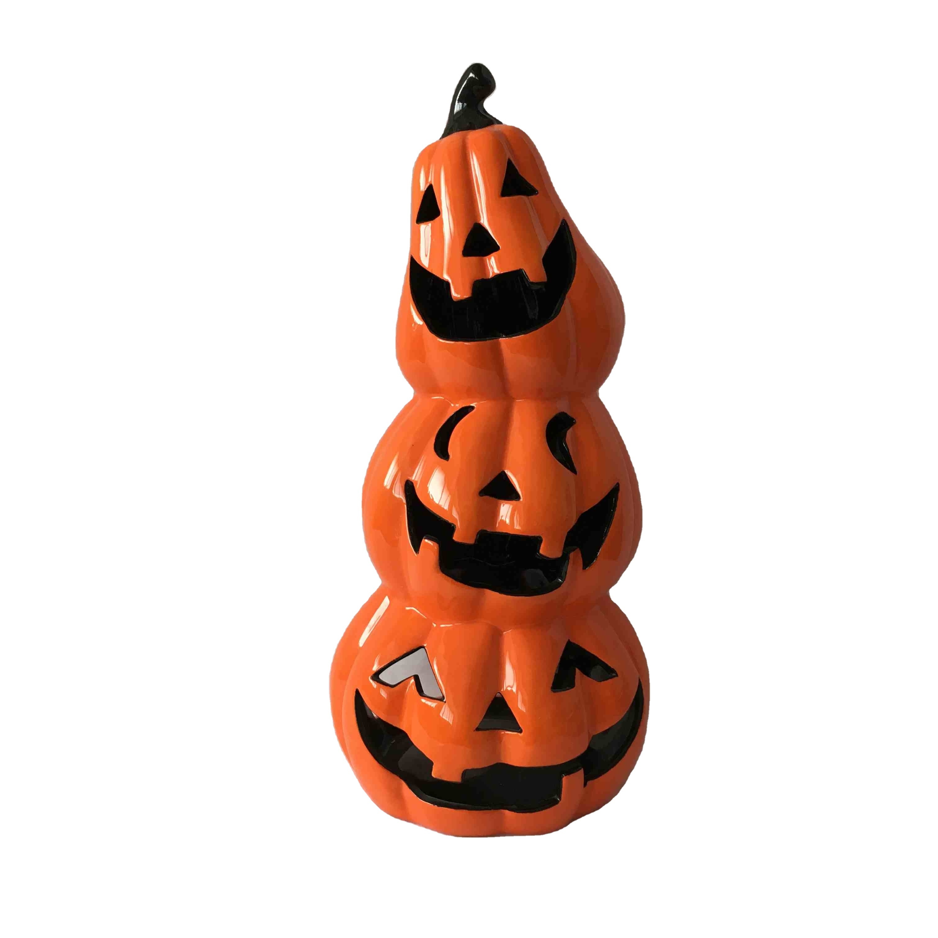 Stacked Jack O Lantern Tea Light Holder Pumpkin Ceramic Halloween Decoration