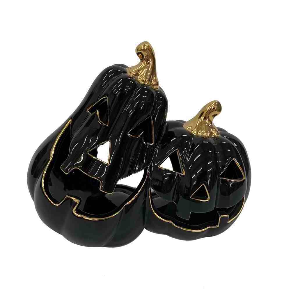 Black Lantern Pumpkin Tea Light Luminaries Ceramic Candle Holders Set of 3