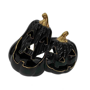 Black Lantern Pumpkin Tea Light Luminaries Ceramic Candle Holders Set of 3