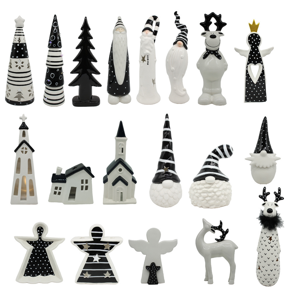 Christmas Decoration set: White house with light Angel figurines, Ceramic Christmas Tree, White black reindeer