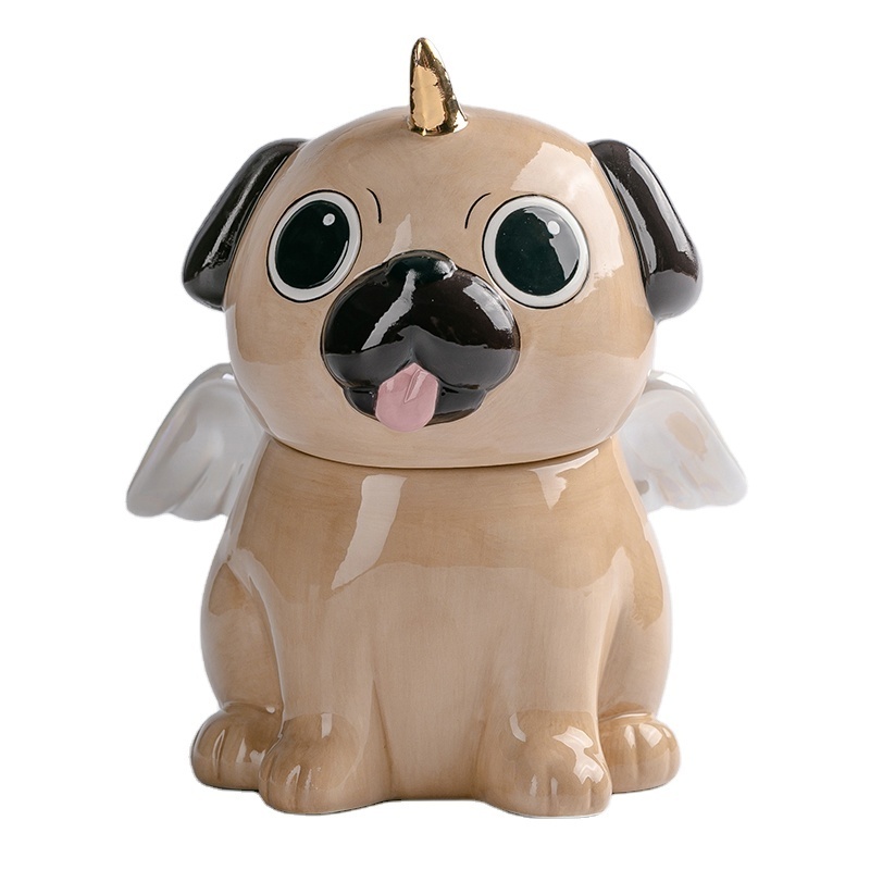 Kitchen Food storage Jar Cute Pug dog  12 inch Ceramic Handmade  Cookie container jar with Airtight lid