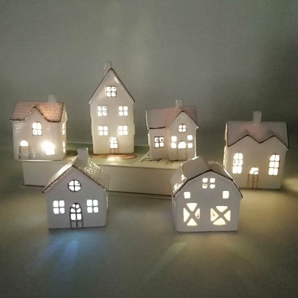 House Lantern, Ceramic, White Tea Light House Mini Flameless Christmas Candle Holder