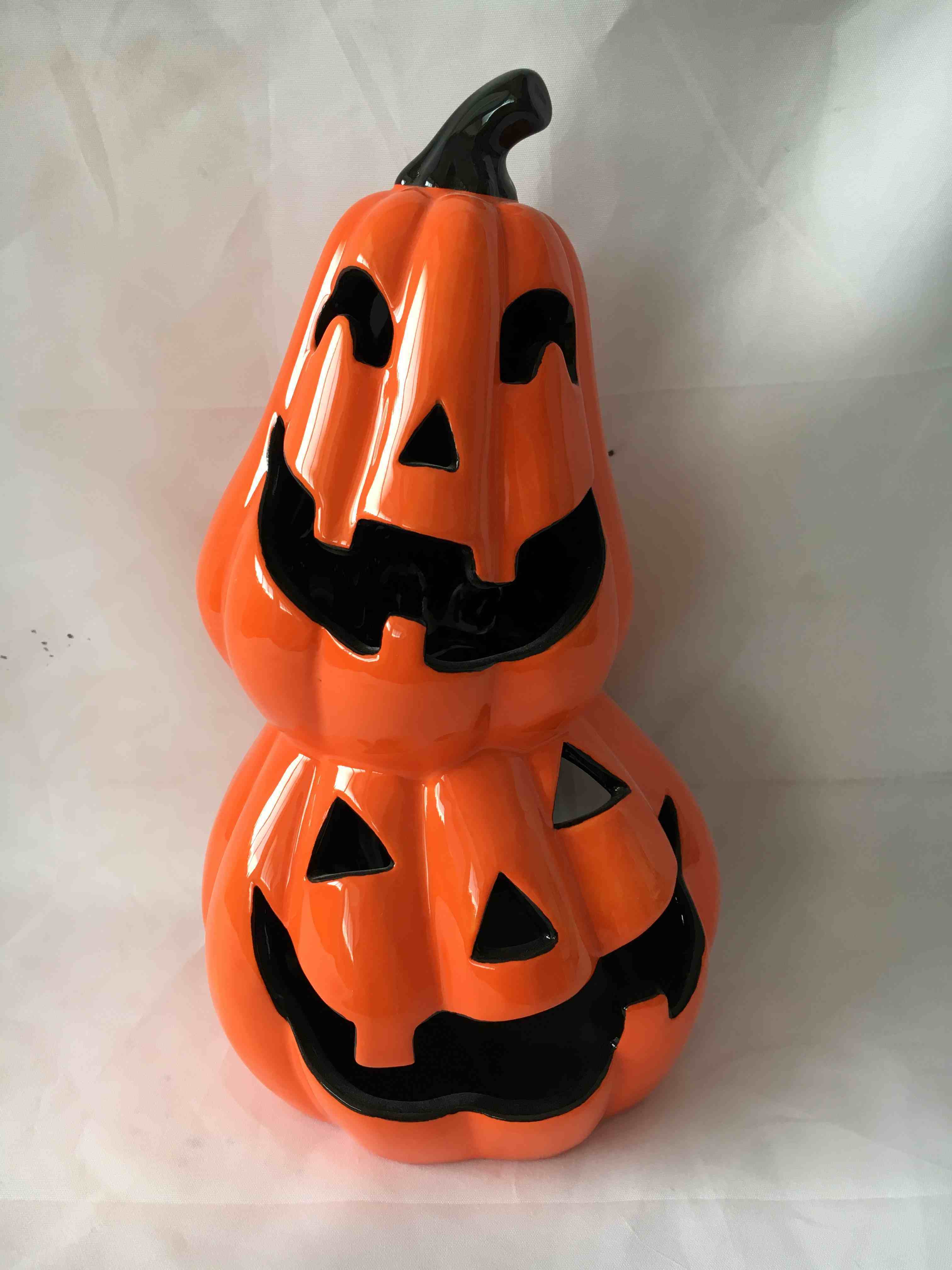 Stacked Jack O Lantern Tea Light Holder Pumpkin Ceramic Halloween Decoration