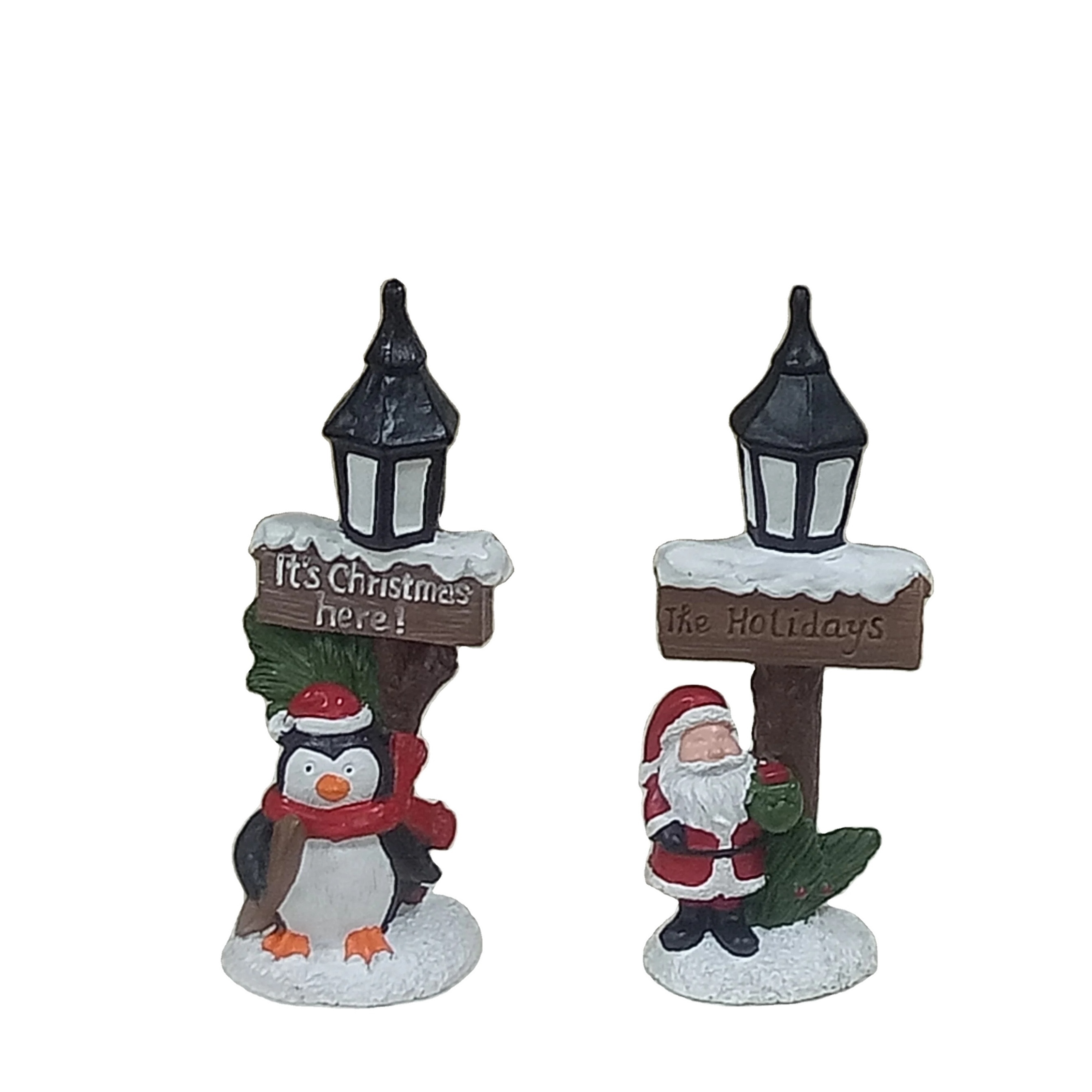 Christmas Village Decoration Gas Lantern Resin Street Lamp Set, Reindeer, Snowman, Cardinal Bid