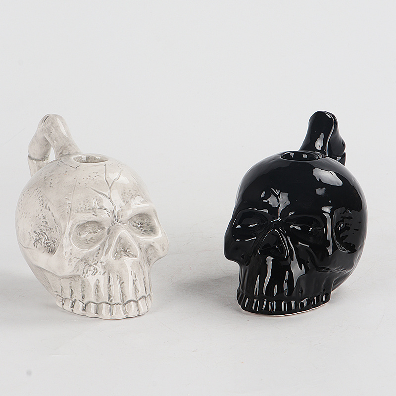 Black Day of the Dead Skull Head Taper Candle Holder Ceramic Candlestick Holder for 1