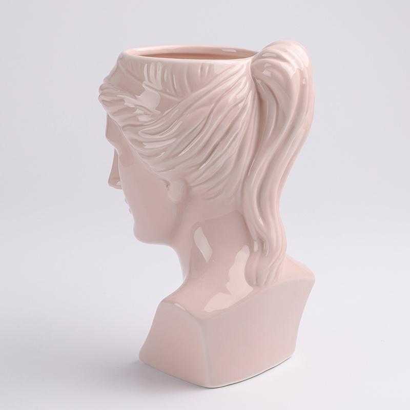 Greek/Roman Female Statue Head Planter in Distressed Pink, Cement Woman Face Pot for Indoor Outdoor, Flower Vase