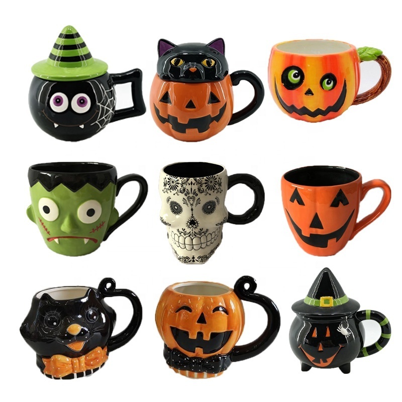 Custom Ceramic Hand-painted Halloween Coffee Mug Creative 3D Embossed Cat Pumpkin Ghost Skull Witch Monster Mugs for Halloween