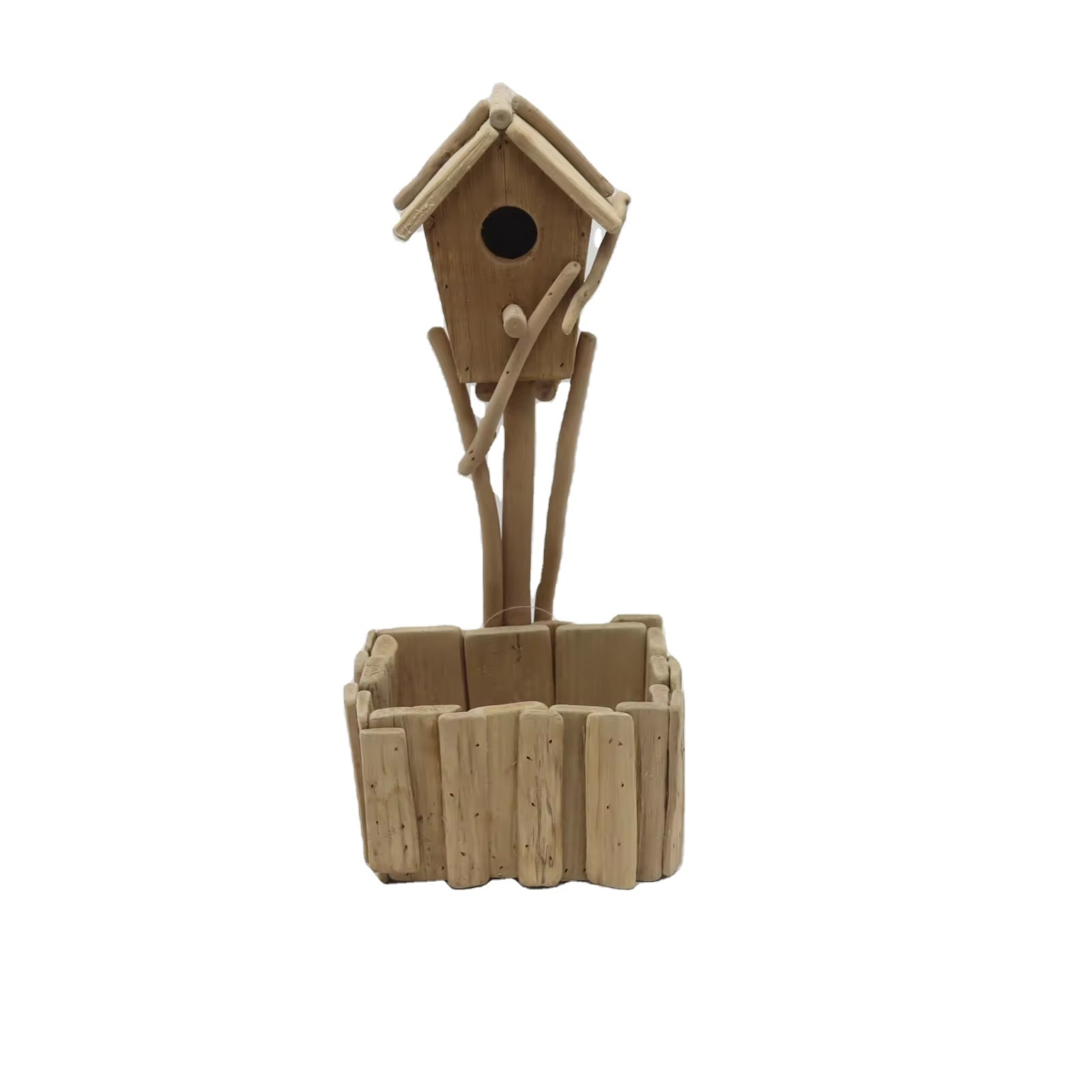 Wooden garden planters with bird house ,driftwood bird house wood  planter