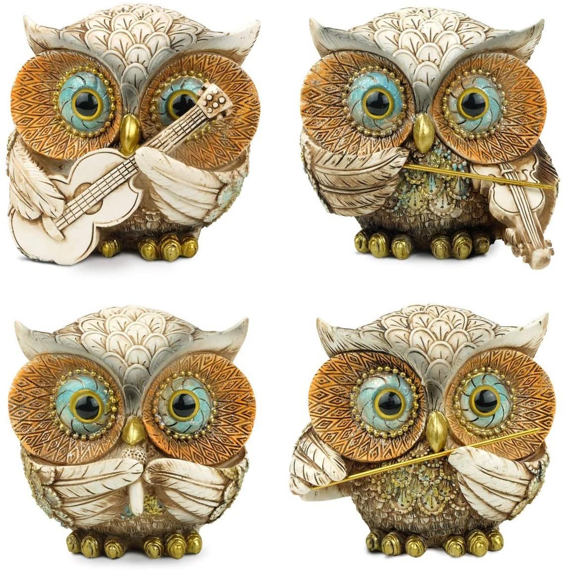 4-Piece Owl Concert Musicians Sculpture Figurine Set Home Office Decoration;Bookshelf Display, Animal Resin Figurine