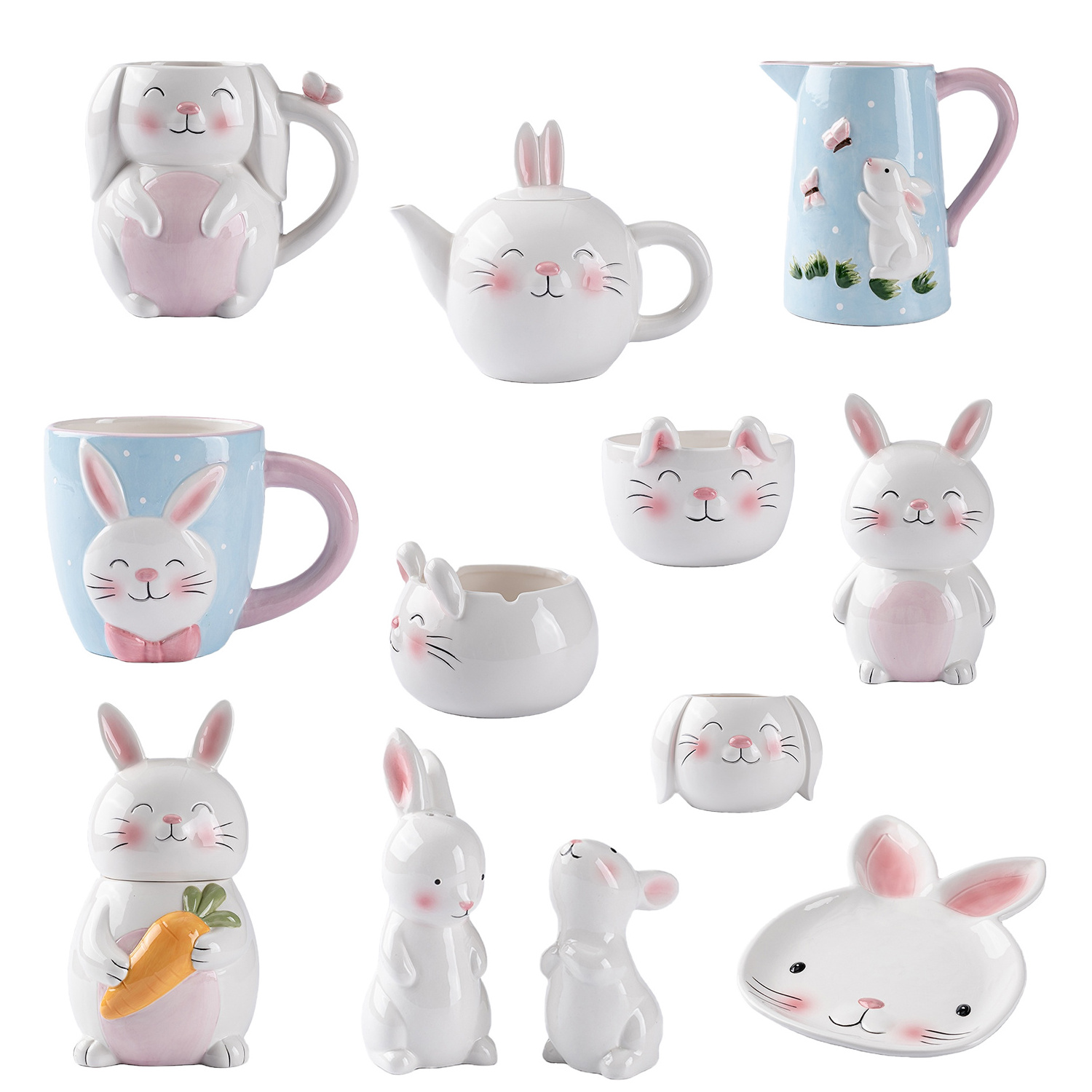 Ceramic Rabbit Teapot Cute Flower Teapot Coffee Pot Water Pot Porcelain Bunny Flower Embossed Tea Kettle with Lids