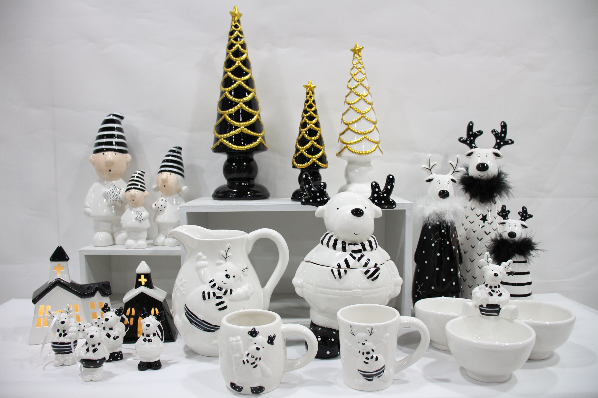 Christmas Decoration set: White house with light Angel figurines, Ceramic Christmas Tree, White black reindeer